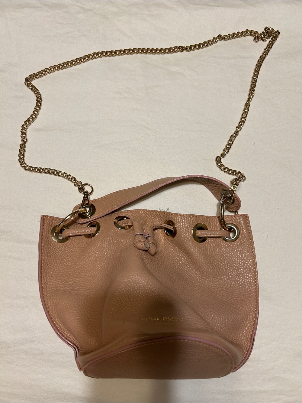 Pebbled Leather Drawstring Crossbody in Blush with Gold Chain
